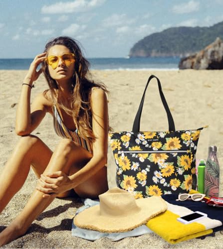 Betsey Johnson 15.6 Inch Zipper Beach Tote Bag with Cosmetic Pouch Lightweight Large Durable Polyester with Mesh Side Pockets for Gym Work, Sunflowers