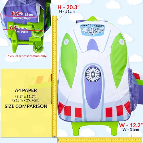 Disney Toy Story 2-in-1 Buzz Lightyear Carry On Luggage 18” Rolling Kids Mini Suitcase with Wheels & Handle 16L, Lightweight Travel Bag Gifts for Kids