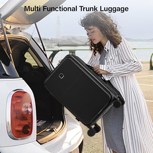 Hanke 28 Inch Checked Luggage with Cup Holder and USB Ports, Top Opening Hard Shell Suitcase with Wheels, Aluminum Frame Large Trunk Luggage with Foldable Divider & TSA Lock for Travel, Jet Black
