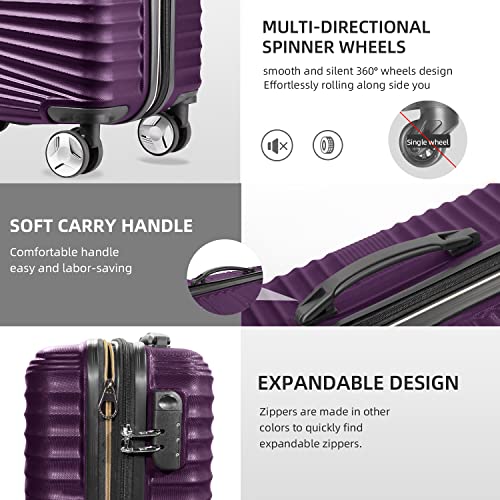 LARVENDER Luggage 5 Piece Sets, Hard Shell Luggage Set Expandable Carry on Luggage Suitcase with Spinner Wheels Durable Lightweight Travel Set for Men Women, Grape Purple