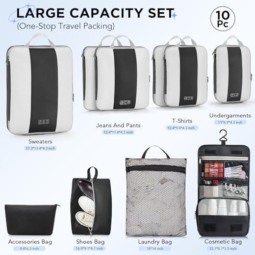10 Set Compression Packing Cubes for Travel Essentials,Compressible Expandable Packing Cubes for Suitcase,OlarHike Luggage Garment Bags for Travel,Handy Helper for Organizing Clothes(Black)
