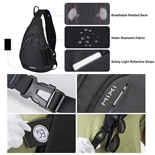 mixi Sling Bag Men Backpack Unisex One Shoulder Bag Hiking Travel Backpack Crossbody with USB Port for Men Women Versatile Casual Daypack-19 inch,Black