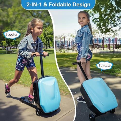 GDLHY 2-in-1 Ride-On Scooter Suitcase,Carry On Hardshell Ride On Suitcase Scooter for Kids Age 4-15, Multifunctional Ride On Lightweight Kids Luggage with Wheels(Size:Blue)