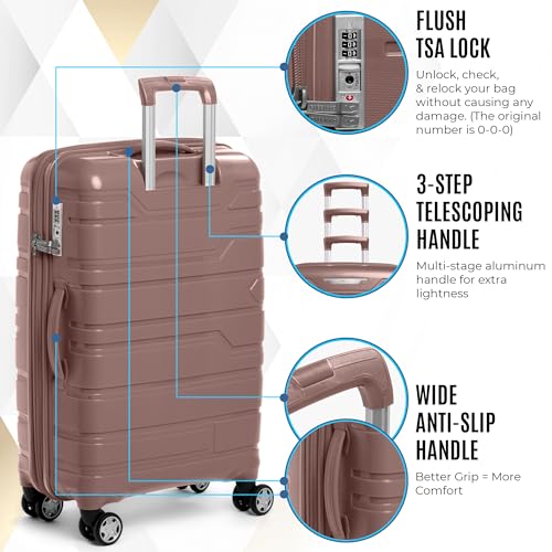 Gabbiano Unbreakable Hardshell PP Luggage Set 5 Year Warranty Extra Large with 8 Wheels Thick Shell Multi Layer PP 3 Piece Set, 22, 28, 30 Inch (Cameo Brown)