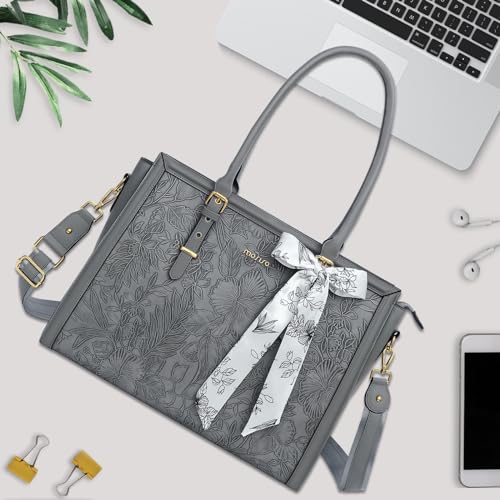 MOSISO Laptop Bag for Women, 15.6-16 inch PU Leather Tote Bag Compatible with MacBook, HP, Dell, Asus Notebook, Front Embossed Retro Hibiscus Computer Bags with Silk Scarf&Clutch Purse, Gray