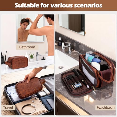 Personalized Travel Toiletry Bag for Men, Father Day Gifts, Engraved Initials Waterproof PU Leather Toiletry Bag, Large Capacity Portable Shaving Bag, Unique Birthday Gift for Men Dad Husband Him,M