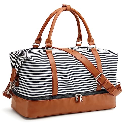 S-ZONE Women Canvas Weekender Bag Overnight Carryon Duffel Tote PU Leather Strap(Large)