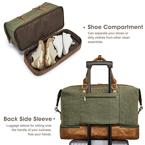 S-ZONE Weekender Bag for Men Canvas Duffle Large Weekend Overnight Travel Carry On Tote Bag with Shoe Compartment (Army Green)