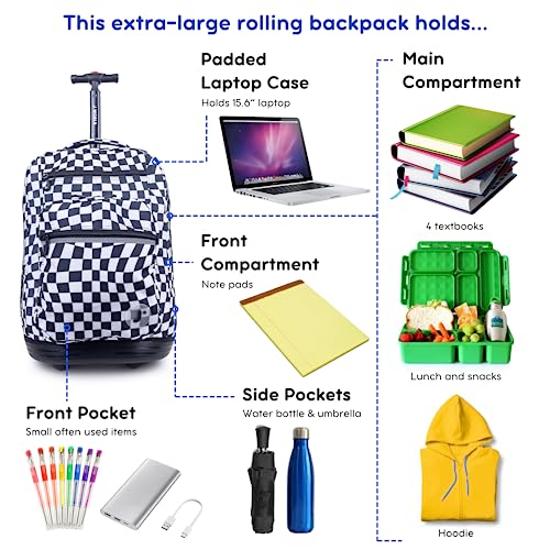 J World Sundance Laptop Rolling Backpack for Girls Boys. Roller Bookbag with Wheels, 20 Inch, Wavy Checkers