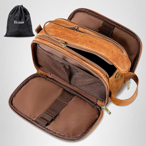 Elviros Toiletry Bag for Men, Large Travel Shaving Dopp Kit Water-resistant Bathroom Toiletries Organizer PU Leather Cosmetic Bags