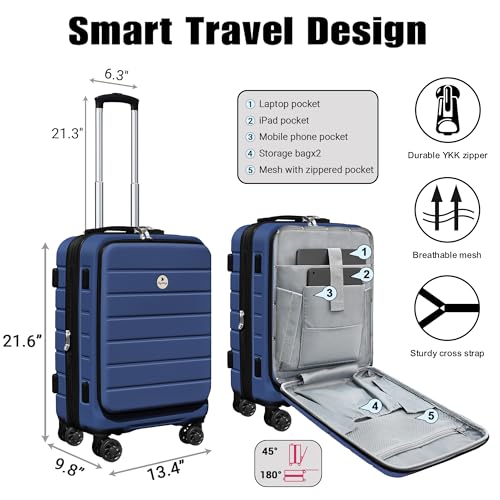 KEYTANG Classic 20" Carry-On with TSA Lock Spinner Wheels, Lightweight Hardside Expandable Suitcase with Front Open Pocket Compartment, Navy Blue