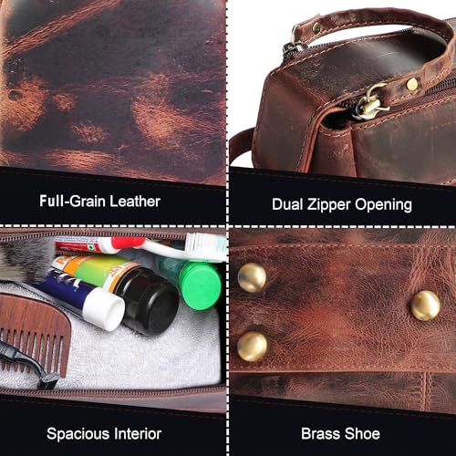 RUSTIC TOWN Leather Toiletry Bag – Stylish & Durable Ditty Kit with Water Resistant Lining – Travel Shaving Kit Organizer for Bathroom & Overnight Trips - Great Gift for Men & Women