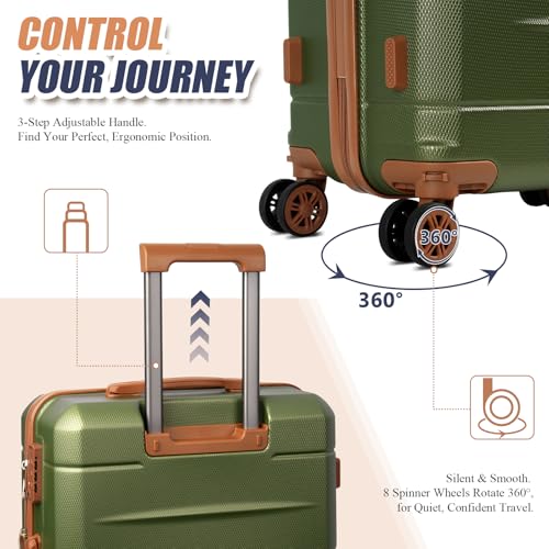 KUNEL Luggage Sets 5 Piece Hardshell Suitcase Sets with Detachable Spinner Wheels, ABS Carry on Luggage with TSA Lock,Travel,Armygreen（20/24/28 Inch
