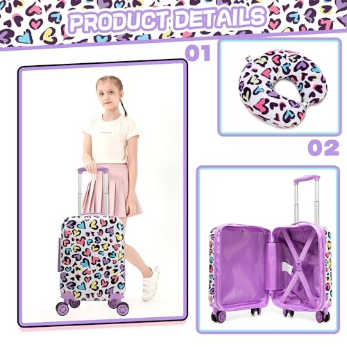 Inprof Kids Luggage with Spinner Wheels Carry on Suitcases for Girls 2 Piece Luggage Sets 16" Toddler Suitcase for Kids Rolling Suitcase Airline Approved (Bainbow Leopard)