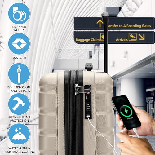 Flight Knight 22x14x9 Expandable Carry On Suitcase Hardside TSA Lock USB C Port Lightweight Luggage Silent Double Spinner Wheels Maximum Overhead Carry-On Bag American United Approved Champagne