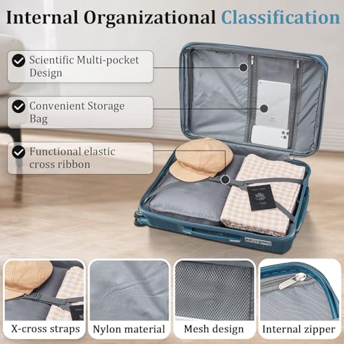 TRAVELEO 4 Piece Luggage Set PP Hardshell, Expandable Suitcase Set (20/24/28) with 14" Cosmetic Case, Lightweight Spinner Wheels with TSA Lock, Detachable Wheels for Nesting Storage (Peacock Blue)