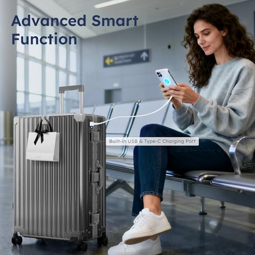 ALPHA CAMP Checked 28 Inch Luggage, Thickened Aluminum Frame Luggage with TSA Spinner Wheels, 3-Layer PC Hard Shell Zipperless Travel Suitcase, TypeC USB Charging Port, Cup Holder Grey
