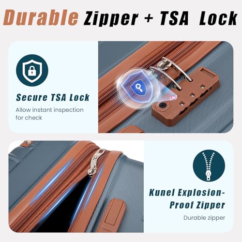 KUNEL Expandable 5 Piece Luggage Sets with Detachable Spinner Wheels and TSA Lock, Unisex Hardside ABS Suitcase Set, Hardshell Lightweight Waterproof Travel Hard Case Suitcases with Wheels, Iceblue