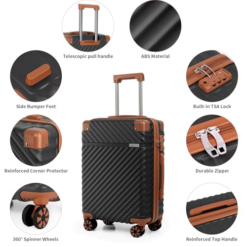 Cosbarn Luggage Sets 5 Piece with TSA Lock Spinner Wheels, Unisex Hard Case ABS Suitcase Set, Hardshell Lightweight Waterproof Travel Hardside Suitcases with Wheels for Women Men, Black
