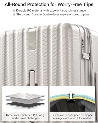 Hanke 24 Inch Plus Expandable Luggage Large Suitcases with Wheels, Medium Checked Luggage Hard Shell Suitcases, PC Trunk Luggage Extra Large Suitcase with Lock for Women Men(Ivory White)