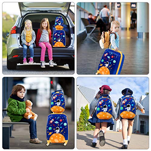 HONEY JOY Kids Luggage, 12" Toddler Backpack & 18" Travel Suitcase with Wheels, Lightweight Toddler Suitcase, Durable ABS Hardshell, 2Pcs Carry On Luggage Set for Boys Girls, Blue Astronaut