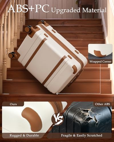 LONG VACATION Luggage Sets 5 Piece, Suitcases With Wheels, PC+ABS Hardshell Luggage Set with Spinner Wheels, TSA Lock (White Brown)