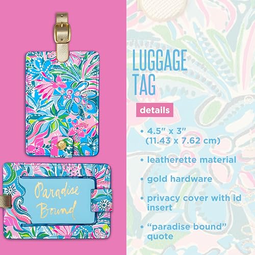 Lilly Pulitzer Leatherette Luggage Tag with Secure Strap, Colorful Suitcase Identifier for Travel, Golden Hour
