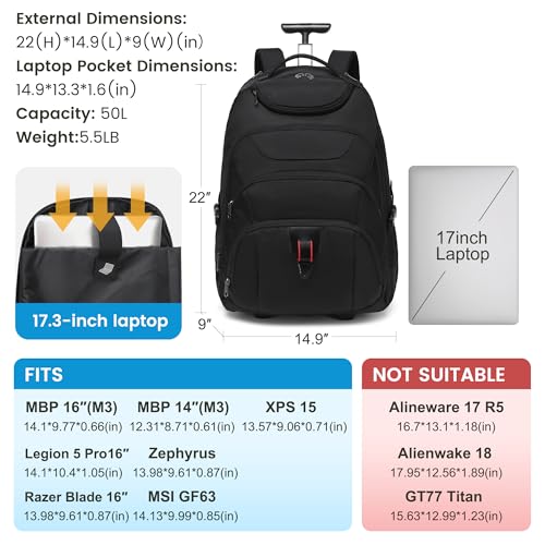 Boavan Rolling Backpack,17 inch Water Resistant Wheeled Backpack,Carry on Luggage Business Bag, Overnight College Computer Trolley Suitcase for Men Women Adults to Travel，Black