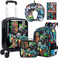 5Pcs Kids Luggage Set, 16" Boys Travel Suitcase with Spinner Wheels, Dinosaur Hardside Carry on Toddler Rolling Suitcase Airline Approved（Black）