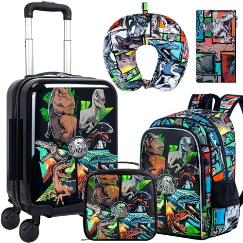 5Pcs Kids Luggage Set, 16" Boys Travel Suitcase with Spinner Wheels, Dinosaur Hardside Carry on Toddler Rolling Suitcase Airline Approved（Black）