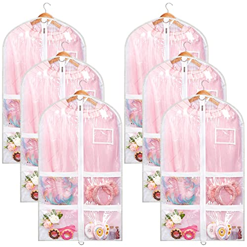 Nuenen 6pcs Garment Bags for Dance Costume Clothing Bags Hanging Clothes Clear Dance Garment Carrier for Dancers with 5 Zipper Pockets Closet Hanging Clothes Cover (White)