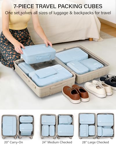 Hanke 7 Piece Expandable Compression Packing Cubes, Premium Travel Packing Organizers for Suitcases/Carry On, Luggage Organizer Bags with Breathable Mesh & Label,Light Blue