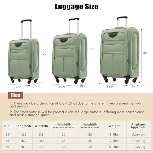 Merax Softside Luggage Set, Travel Suitcase Expandable Lightweight, 3 Piece Luggage Sets with Duffel Bag 22" 26" 30" Suitcase with TSA Lock Spinner Wheels,Light Green