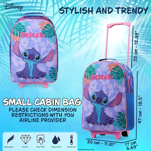 Disney Kids Rolling Luggage 16.0×11.6 in, 16‑L Carry‑On Suitcase with Wheels, Foldable Lightweight Travel Bag, Gifts for Kids (Blue Stitch)