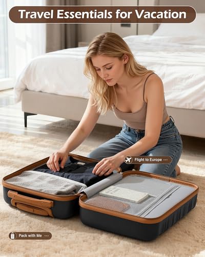 LONG VACATION 6 Piece Luggage Set Carry on Suitcase with ABS+PC hardshell, Spinner Wheels & YKK Zipper TSA Lock (BLACK-BROWN, 6 piece set)