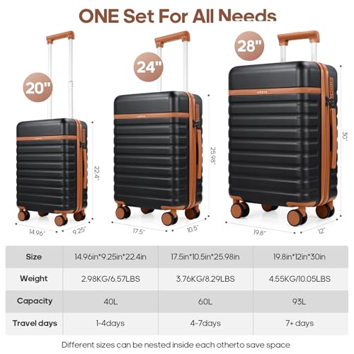 UKEIN PRO 3 Piece Luggage Set, Durable ABS Hardshell Carry On Suitcase Set with Silent Spinner Wheels, YKK Zipper & TSA Lock, Lightweight Large Travel Checked Luggage,20/24/28 Inch