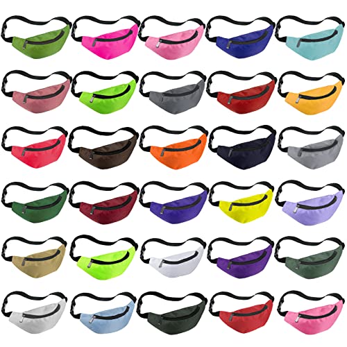Saintrygo Neon Fanny Packs Adjustable Waist Fanny Bags Assorted Color Oxford Cloth Waist Pack with Zipper for Women Men Workout Traveling Running Outdoor Rave 80s 90s Party Supply, 30 Colors(30 Pcs)