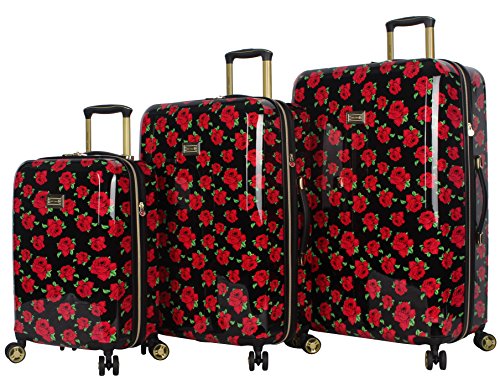 Betsey Johnson Designer Luggage Collection - Expandable 3 Piece Hardside Lightweight Spinner Suitcase Set - Travel Set includes 20-Inch Carry On, 26 inch and 30-Inch Checked Suitcase (Covered Roses)