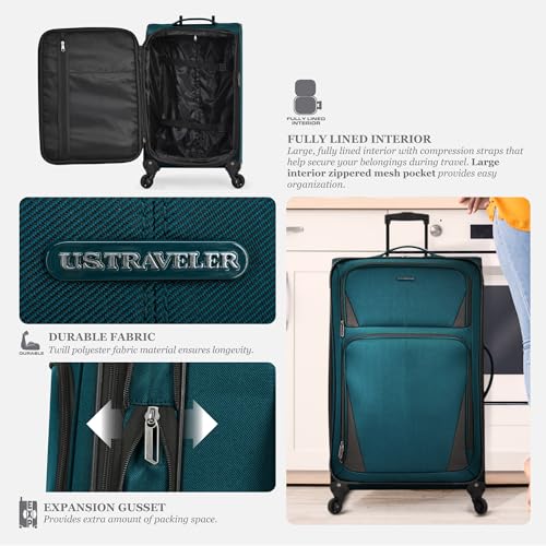 U.S. Traveler Aviron Bay Expandable Softside Luggage with Spinner Wheels, Teal, Large 31-Inch