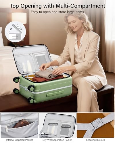 Hanke 26 Inch Large checked Luggage PC Hard Shell luggage Top Opening Aluminum Frame Travel Luggage Suitcases with Wheels for Woman Men.(Bamboo Green)