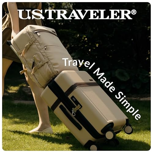 U.S. Traveler Vista Way 3-Piece Travel Set, 21-Inch Carry-on Hardside with TSA Lock, 18-Inch Travel Backpack with Laptop Sleeve, Toiletry Bag, Beige