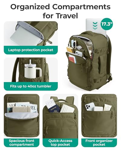 BAGSMART Travel Backpack for Women & Men 17.3 inch Laptop, Flight Approved Carry on Backpack with Shoe bag & 2 Packing Cubes, Water-Resistant Large Business Travel Bag, Weekender Bag - Olive green
