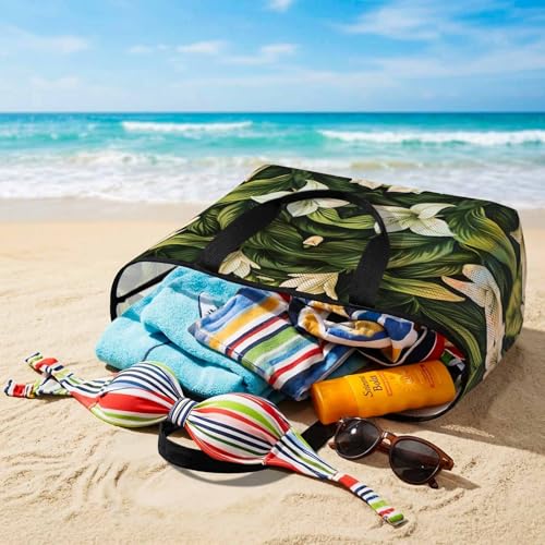 White Lily Flower Mesh Beach Bag,Tropical Bloom Floral Green Leaf Large Beach Tote Waterproof Sandproof Swim Toys Pool Bag