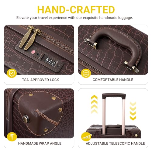 NZBZ Vintage Luggage Sets for Women, PU Leather Retro Suitcase, Vintage Trunk Luggage, Vintage Suitcase Set (Brown Crocodile-embossed, 20inch & 24inch & 28inch)