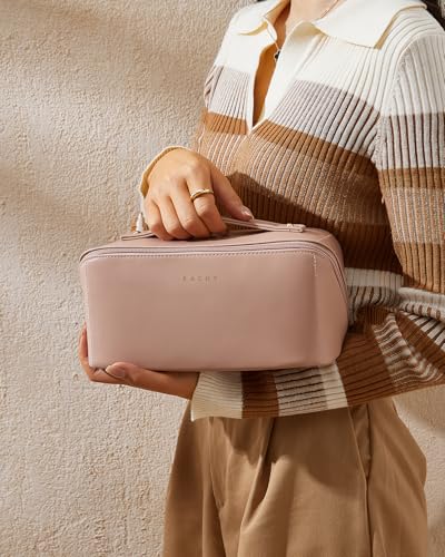 EACHY Travel Makeup Bag,Large Capacity Cosmetic Bags for Women,Waterproof Portable Pouch Open Flat Toiletry Bag Make up Organizer with Divider and Handle, Gifts for Women (Pink, Medium)