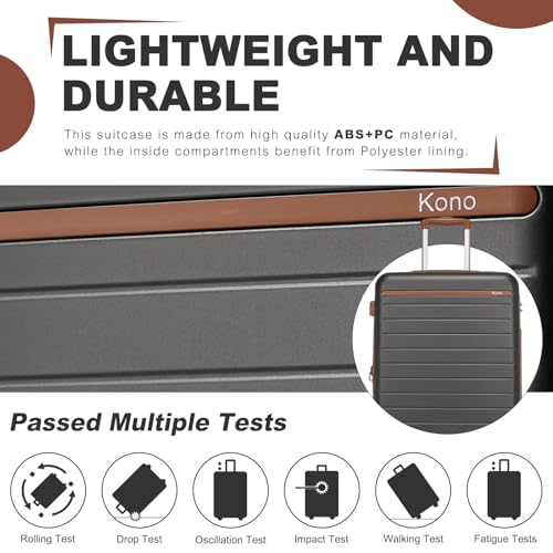 Kono Expandable 20 Inch Carry On Suitcase Airline Approved, Lightweight ABS+PC Hardshell Luggage with 360° Silent Spinner Wheels, Grey/Brown
