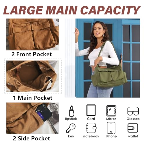 KlaOYer Canvas Messenger Bag Large Hobo Bag Crossbody Shoulder Bag Tote Bag with Pocket for Women and Men (Green)