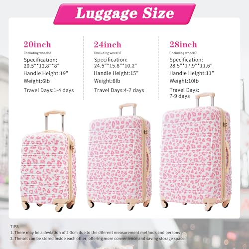 Merax Suitcase Set, Hardshell Luggage Sets 3 Piece with Spinner Wheels, Expandable Durable Suitcase with TSA Lock Lightweight 20" 24" 28", Pink Leopard