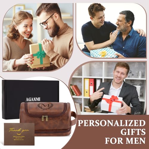 Aganmi Personalized Christmas Birthday Gifts Toiletry Bag for Men Dad Husband, Custom Initial PU Leather Waterproof Toiletry Organizer Dopp Kit Shaving Bag Travel Essential for Men, Reddish Brown J