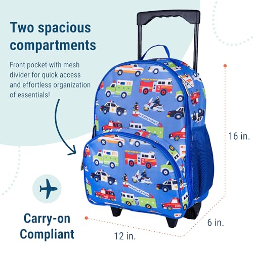 Wildkin Kids 16 Inch Rolling Luggage for Boys & Girls – Lightweight Carry-On Suitcase with Telescoping Handle & Rolling Wheels for School, Travel & Overnight Trips, Ages 3–7 – Heroes